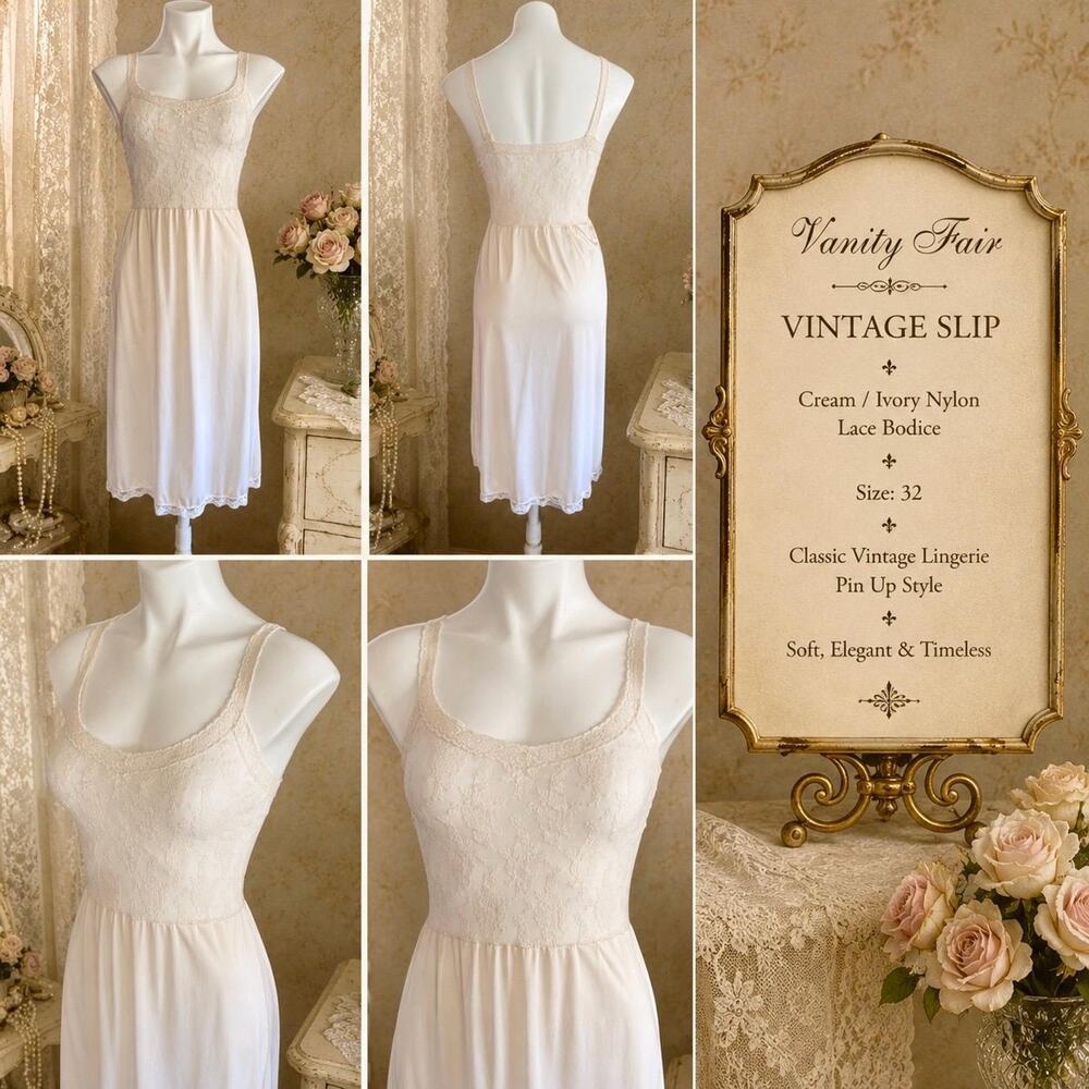 Vanity Fair Vintage Slip Cream Ivory Nylon Lace Bodice Size 32 Pin Up Lingerie - Picture 3 of 7